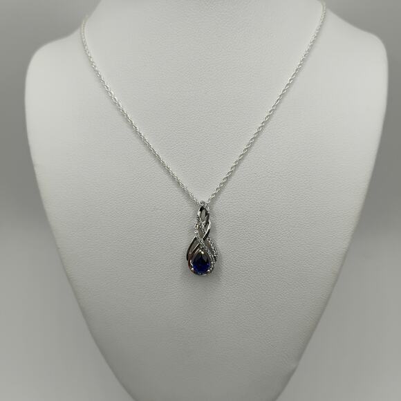 Sapphire and CZ Pendant on 24-inch Sterling Silver Chain - Picture 6 of 6